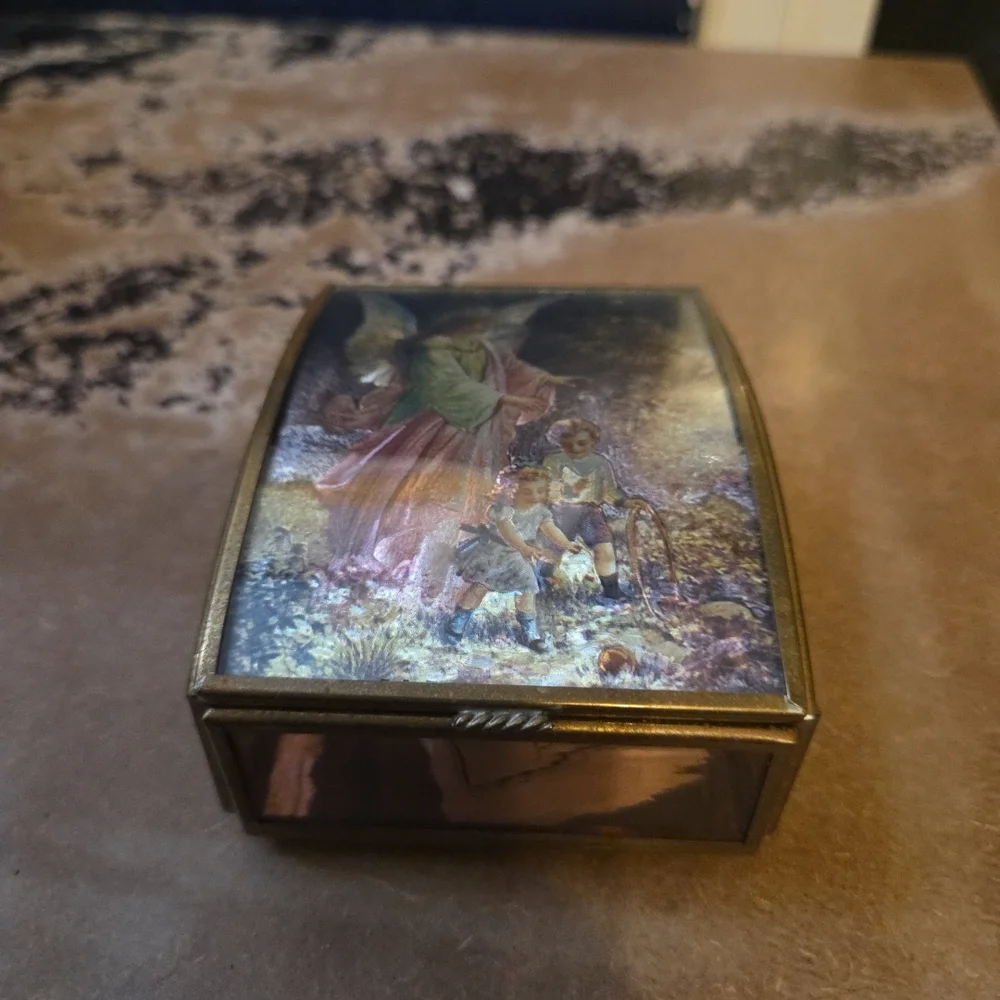 Enesco Guardian Angel Trinket Box Vintage Glass‎ with Mirror Pink Keepsake Box